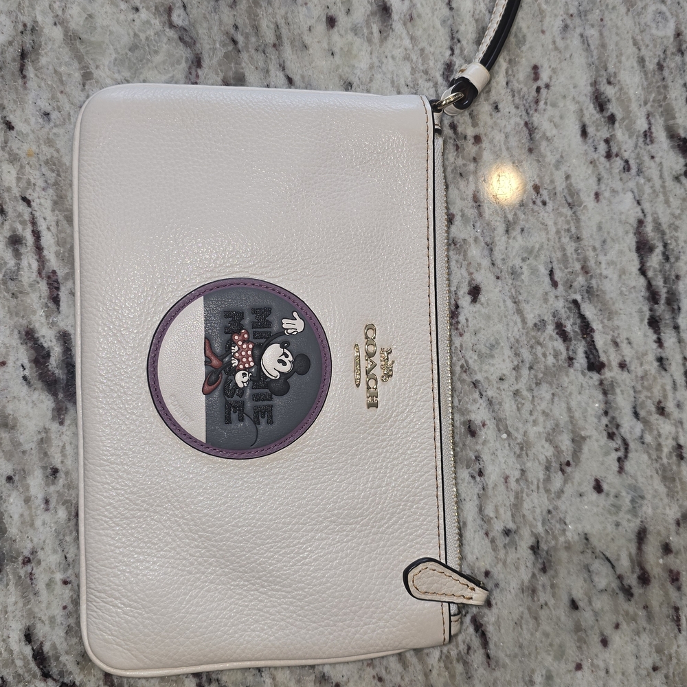 Coach White Pebbled Leather Wristlet with Minnie Mouse Patch